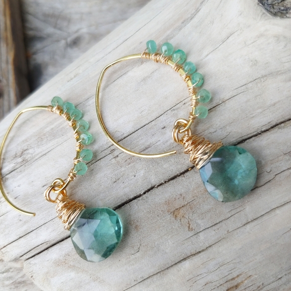 🛑SOLD🛑Natural Emerald & Aquamarine Briolette Earrings - Wedding Collection - Picture 3 of 4